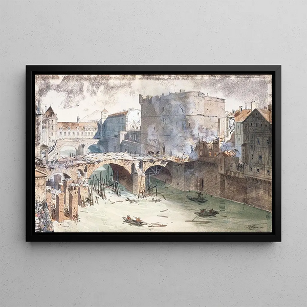 Le Petit Pont et le Petit Châtelet nach dem Brand vom 27. April 1718, aktuell Rue du Petit Pont, Quai Montebello - Fédor Hoffbauer — gerahmtes Bild an der Wand