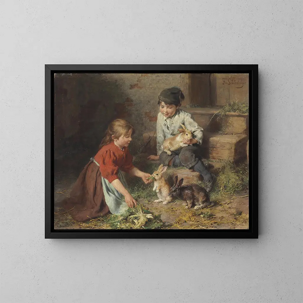 Nourrissage des lapins - Felix Schlesinger — gerahmtes Bild an der Wand