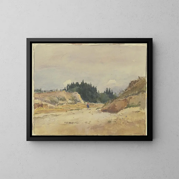 Weg in der Mulde mit sandigem Boden, auf dem ein kleines Mädchen läuft - Ferdinand Balzer — gerahmtes Bild an der Wand