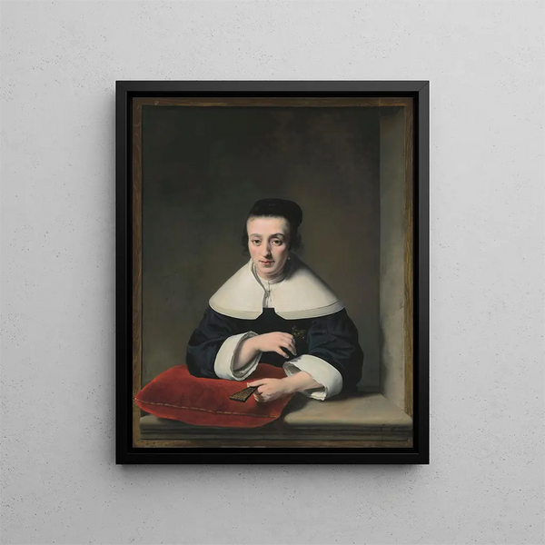Portrait einer Dame am Fenster - Ferdinand Bol — gerahmtes Bild an der Wand