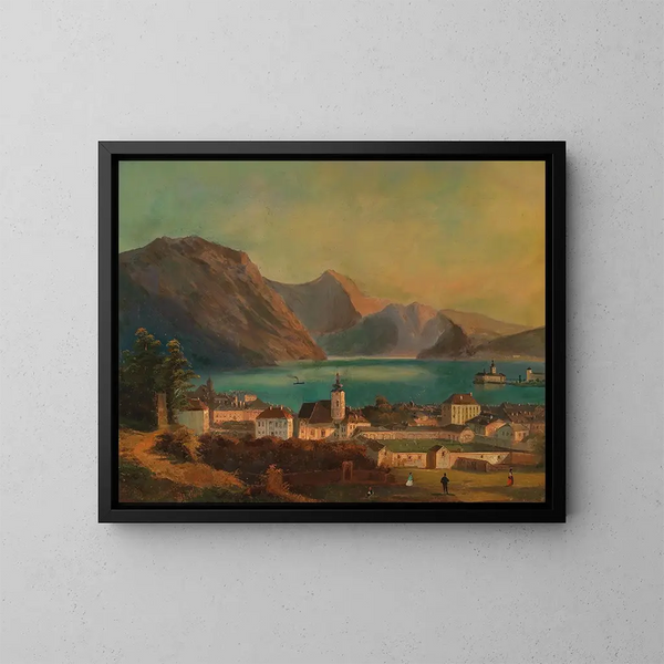 Eine Aussicht auf Gmunden mit der Burg Orth im Hintergrund - Ferdinand Lepié — gerahmtes Bild an der Wand
