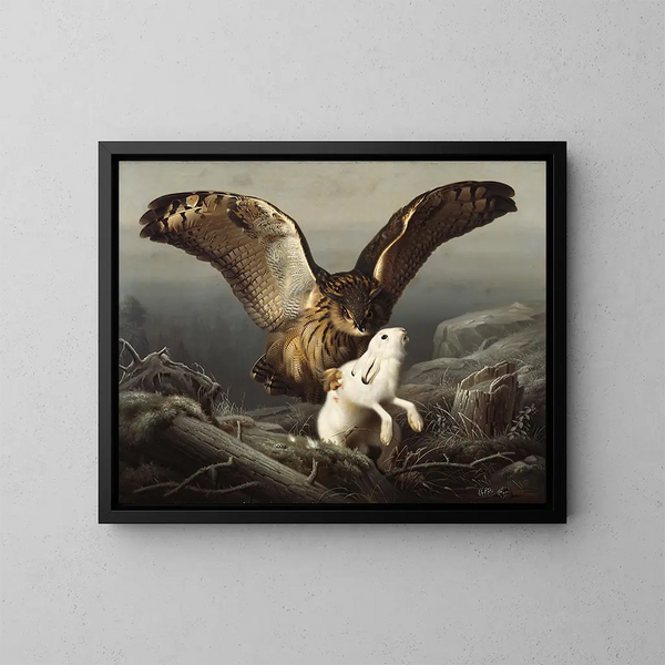 Eine Eule des Uhus ergreift einen Hasen - Ferdinand von Wright — gerahmtes Bild an der Wand