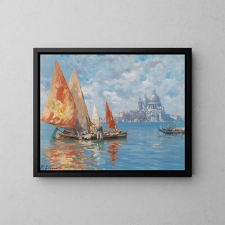 Bateaux de pêche à Venise devant Santa Maria della Salute - Ferdinando Silvani — gerahmtes Bild an der Wand