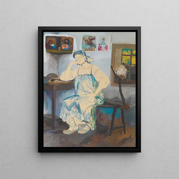 Frau sitzend in einem Interieur - Filipp Malyavin — gerahmtes Bild an der Wand