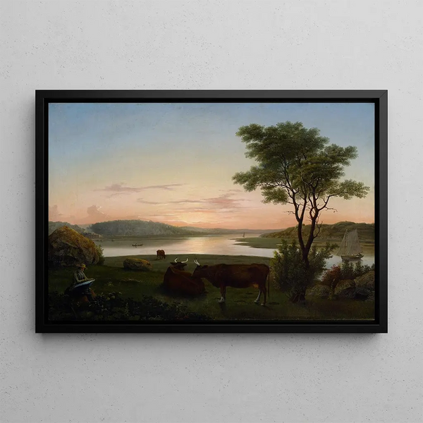 Bras de mer en Nouvelle-Angleterre avec autoportrait - Fitz Henry Lane — gerahmtes Bild an der Wand