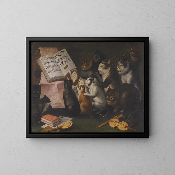 Ein Glanz von Katzen, die Musik machen und singen - Flämische Schule — gerahmtes Bild an der Wand