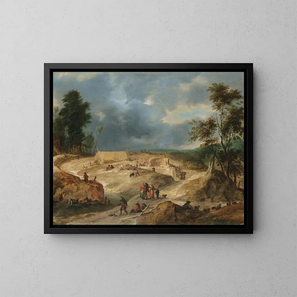 Ein Landschaft mit Bauern, die ein Dorf bauen - Flämische Schule — gerahmtes Bild an der Wand