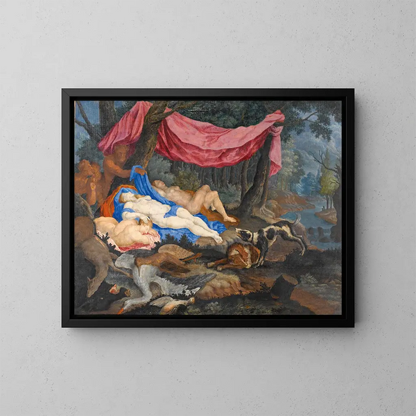 Ein Satyr, der schlafende Nymphen beobachtet - Flämische Schule — gerahmtes Bild an der Wand