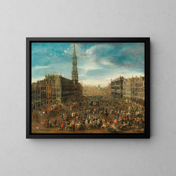 Eine Marktszene auf der Grand-Place in Brüssel - Flämische Schule — gerahmtes Bild an der Wand