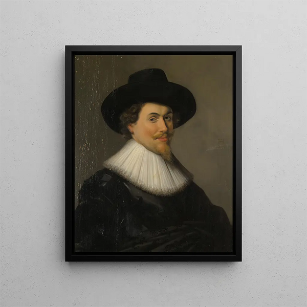 Portrait eines Mannes in Schwarz - Schule von Frans Hals — gerahmtes Bild an der Wand