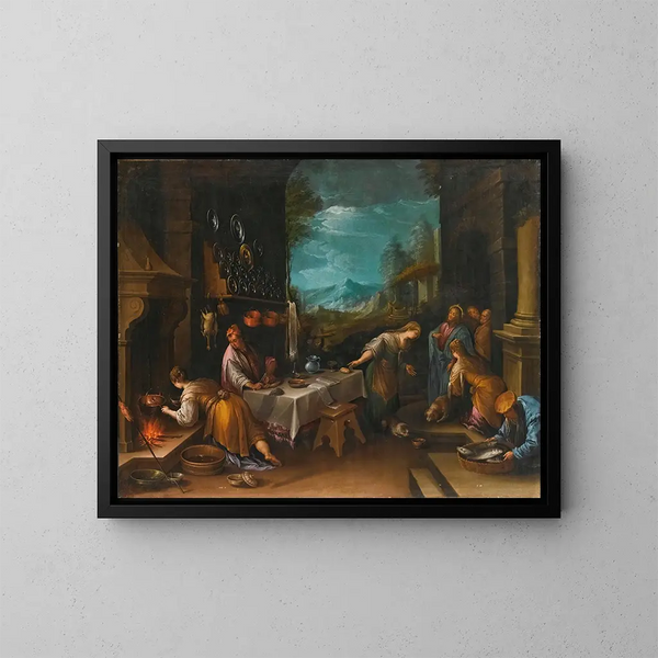 Der Christus im Haus von Maria und Martha - Schule von Jacopo da Ponte — gerahmtes Bild an der Wand