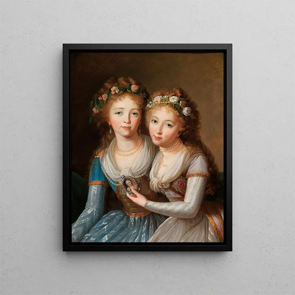 Doppelporträt der Großherzoginnen Alexandra 1783-1801 und Hélène 1784-1803 Romanov, Töchter des Zaren Paul I. - Schule von Marie-Louise Élisabeth Vigée Le Brun — gerahmtes Bild an der Wand
