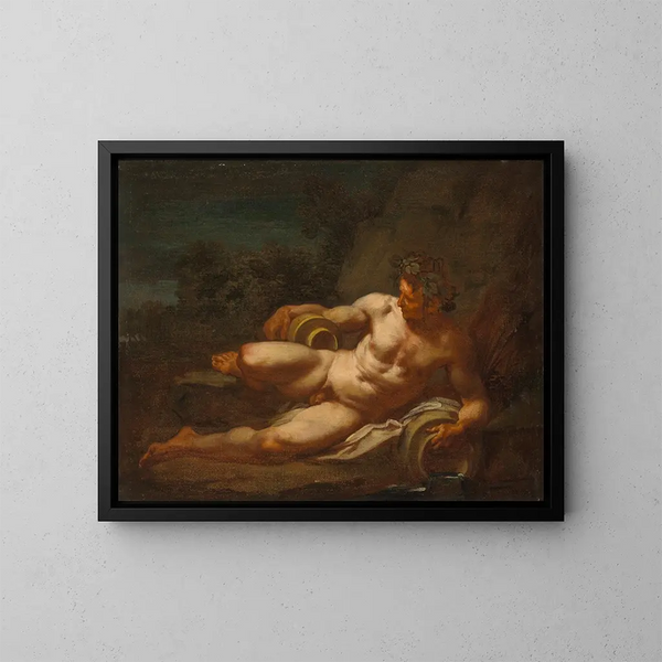 Ein Flussgott, der sich in einer Landschaft ausstreckt - Schule von Nicolas Poussin — gerahmtes Bild an der Wand