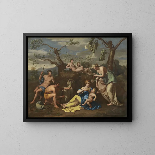Nymphe nourrissant l'enfant Jupiter - École de Nicolas Poussin — gerahmtes Bild an der Wand