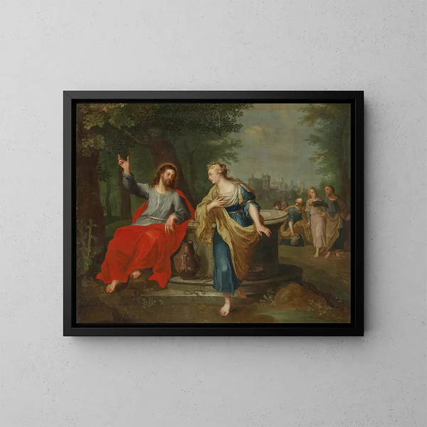 Der Christus und die samaritanische Frau am Brunnen - Schule von Peter Paul Rubens — gerahmtes Bild an der Wand