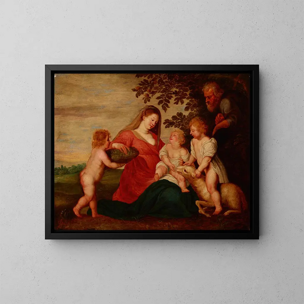 Sainte Famille avec le Saint Enfant Jean-Baptiste et un Ange - École de Peter Paul Rubens — gerahmtes Bild an der Wand