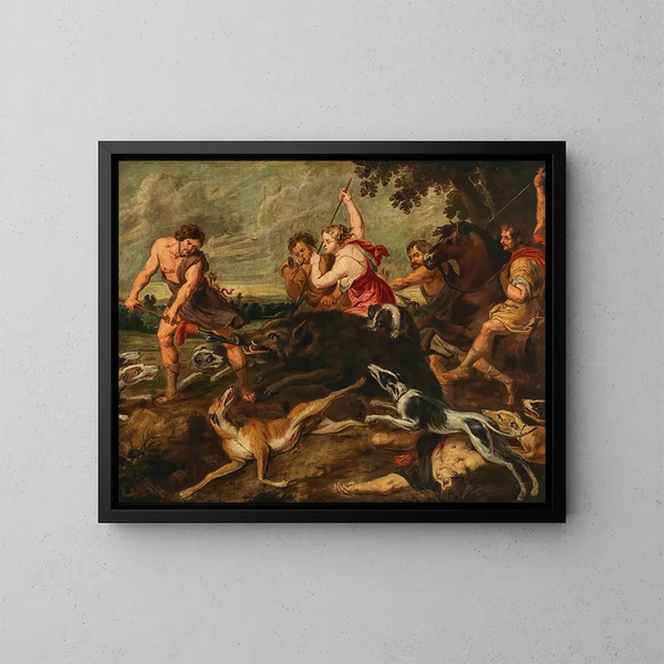 Méléagre und Atalante bei der Jagd auf den Kalydonischen Eber - Schule von Peter Paul Rubens — gerahmtes Bild an der Wand