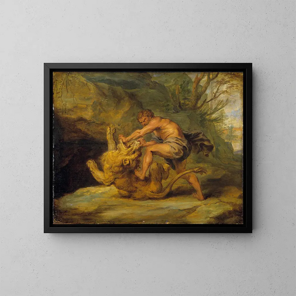 Studie von Samson und dem Löwen - Schule von Peter Paul Rubens — gerahmtes Bild an der Wand