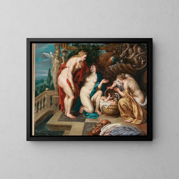 Die Mädchen von Cécropios entdecken das Kind Érichthonios - Schule von Peter Paul Rubens — gerahmtes Bild an der Wand