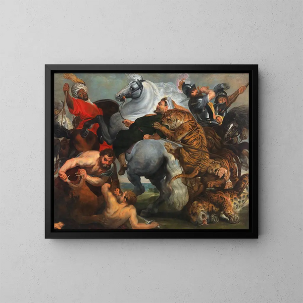 Die Jagd auf Tiger, Löwen und Leoparden - Schule von Peter Paul Rubens — gerahmtes Bild an der Wand