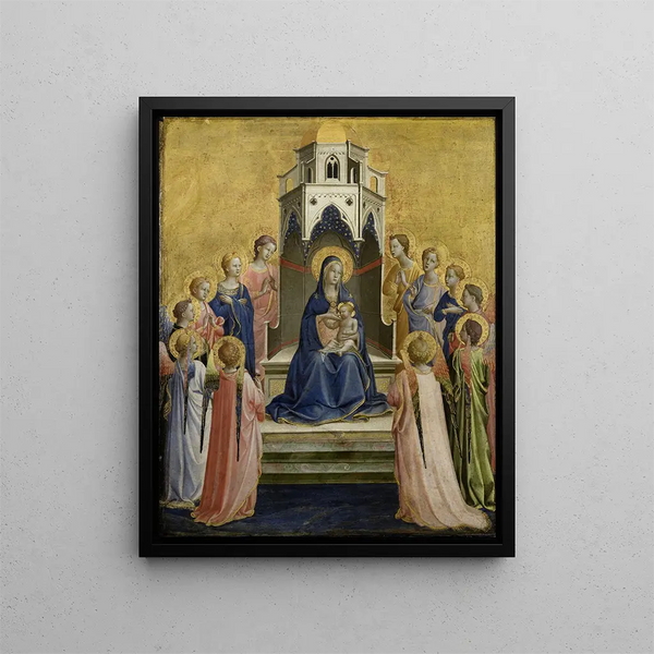 Die Jungfrau mit Kind auf Thron und zwölf Engel - Fra Angelico — gerahmtes Bild an der Wand