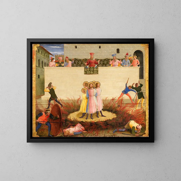 Heilige Côme und Damien und ihre überlebenden Brüder am Scheiterhaufen - Fra Angelico — gerahmtes Bild an der Wand