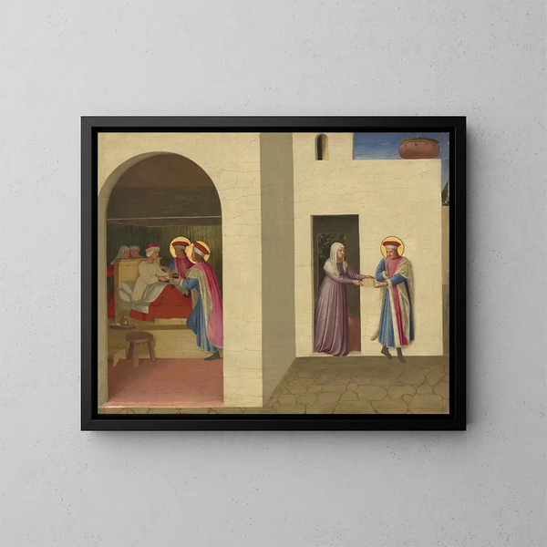 Die Heilung von Palladia durch den heiligen Côme und den heiligen Damien - Fra Angelico — gerahmtes Bild an der Wand