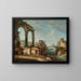 Landschafts-Kunstdruck mit klassischen Ruinen und Figuren in der Nähe eines Flusses, eine Brücke in der Ferne - Francesco Albotto — gerahmtes Bild an der Wand