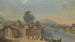 Ansicht einer launischen Stadt mit Befestigungsanlagen und eleganten Figuren am Fluss - Francesco Battaglioli — Ansicht des Kunstwerks