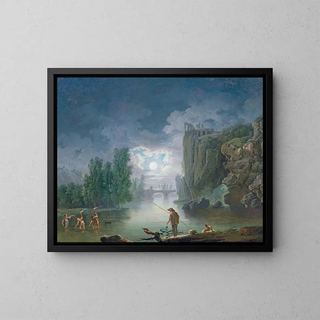 Francesco Fidanza - A moonlit river landscape with fishermen working by torchlight the Temple of Vesta in the right background.webp