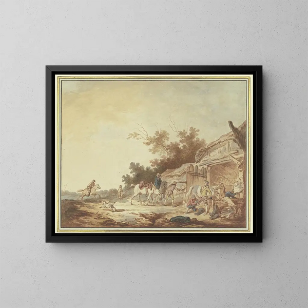 Ein Reisender, dem man Stiefel anzieht, steht mit seinen Pferden in der Nähe eines Wasserbeckens, während zwei Reiter von links sich dem Wasserbecken nähern. - Francesco Giuseppe Casanova — gerahmtes Bild an der Wand