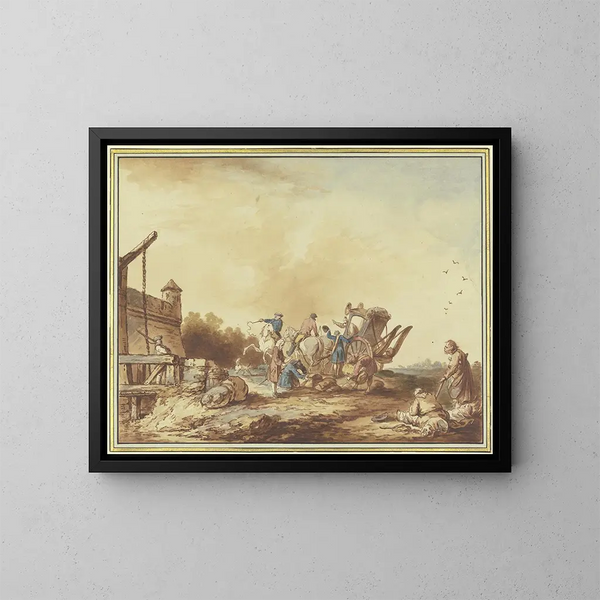 Vor der Tür einer Festung werden die Gepäckstücke eines Reisenden, der dort mit seiner Kutsche anhält, durchsucht, rechts eine Familie von Bettlern mit einem Hund. - Francesco Giuseppe Casanova — gerahmtes Bild an der Wand