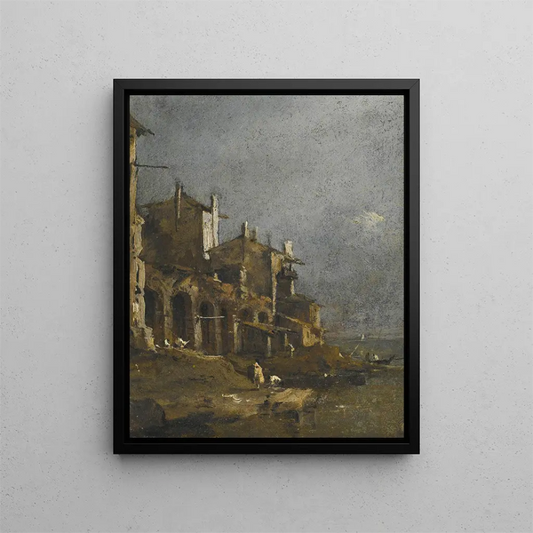 Ein Küstenlandschaft von Capriccio mit Figuren am Ufer unter einer Arkade - Francesco Guardi — gerahmtes Bild an der Wand