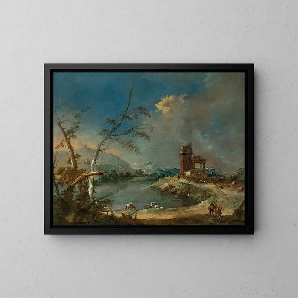 Ein Laune eines rustikalen Turms am Seeufer - Francesco Guardi — gerahmtes Bild an der Wand
