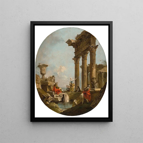 Ein architektonischer Laune mit Figuren unter klassischen Ruinen Ein Tempel darüber hinaus - Francesco Guardi — gerahmtes Bild an der Wand