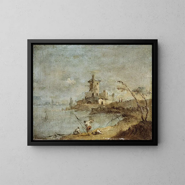 Rustikales Caprice-Gemälde mit Wasserbucht - Francesco Guardi — gerahmtes Bild an der Wand