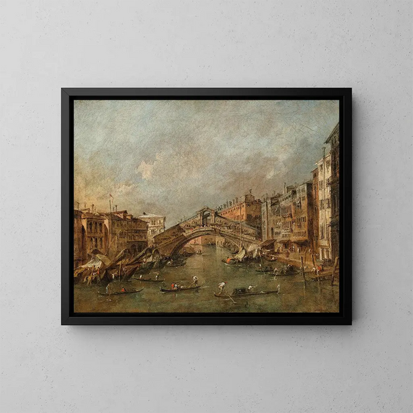 Der Rialto-Brücke und die Riva del Vin in Venedig - Francesco Guardi — gerahmtes Bild an der Wand