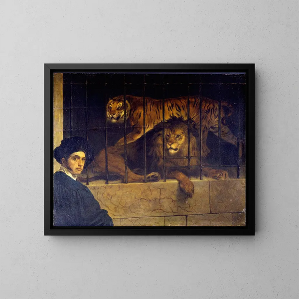 Selbstporträt mit einem Tiger und einem Löwen - Francesco Hayez — gerahmtes Bild an der Wand