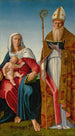 Jungfrau mit Kind mit einem Bischof Saint - Francesco Marmitta — Ansicht des Kunstwerks