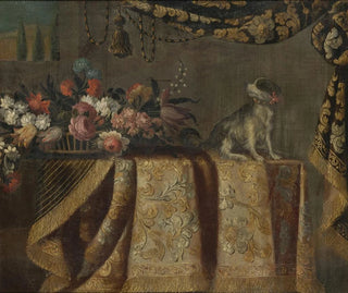 Francesco Noletti - Still Life of Flowers with a Toy Spaniel all on a draped table.webp