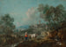 Italienisch anmutendes Landschaftsgemälde mit Bauern, die Vieh an einem Bach führen, eine Stadt im Hintergrund - Francesco Zuccarelli — Ansicht des Kunstwerks