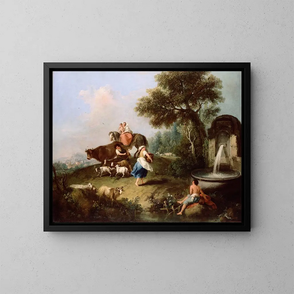 Landschaft mit einem Brunnen, Figuren und Tieren - Francesco Zuccarelli — gerahmtes Bild an der Wand