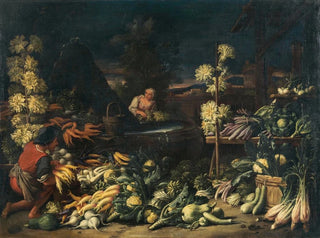 Verkäufer von Früchten in der Nähe eines Brunnens mit Gemüse und Blumen - Francesco della Questa — Ansicht des Kunstwerks