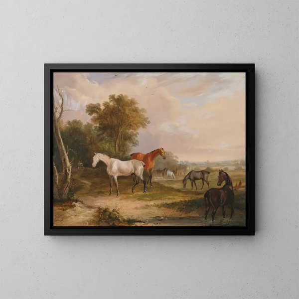 von Pferden, die einen grauen Hengst mit Stuten auf einer Weide grasen lassen - Francis Calcraft Turner — gerahmtes Bild an der Wand