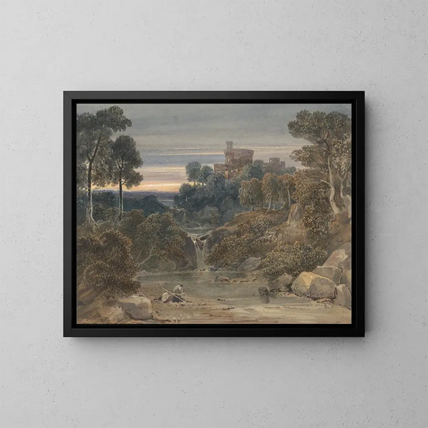 Landschaft mit Schloss, Wasserfall und Bach im Vordergrund - Francis Oliver Finch — gerahmtes Bild an der Wand