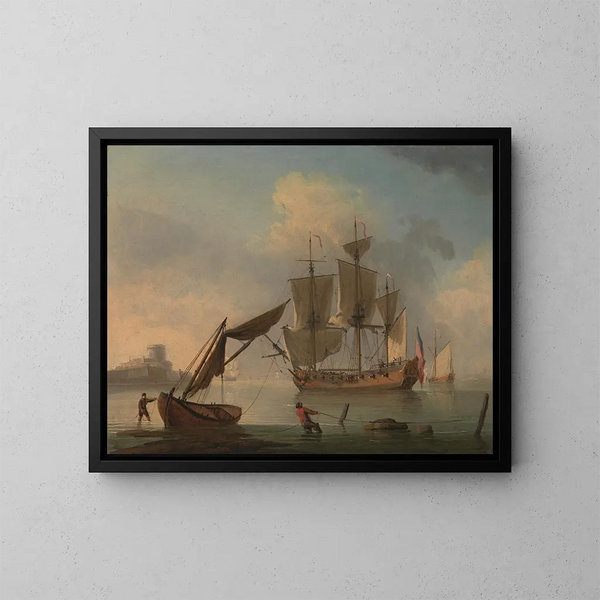 Ein englisches Sloop im Ruhestand in der Nähe der Küste - Francis Swaine — gerahmtes Bild an der Wand