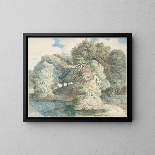 Bäume am Seeufer im Peamore Park bei Exeter in Devon - Francis Towne — gerahmtes Bild an der Wand