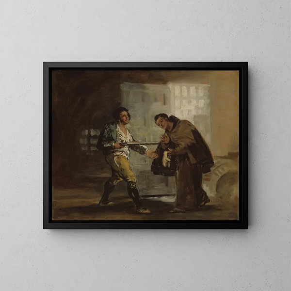 Der Bruder Pedro bietet El Maragato Schuhe an und bereitet sich vor, seine Waffe zu ziehen. - Francisco de Goya — gerahmtes Bild an der Wand