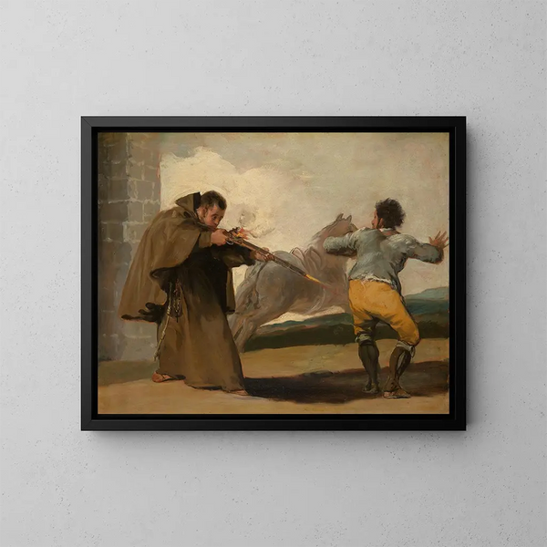 Der Bruder Pedro schießt auf El Maragato, während sein Pferd flieht - Francisco de Goya — gerahmtes Bild an der Wand