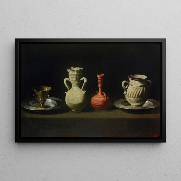 Stillleben mit vier Gefäßen - Francisco de Zurbarán — gerahmtes Bild an der Wand